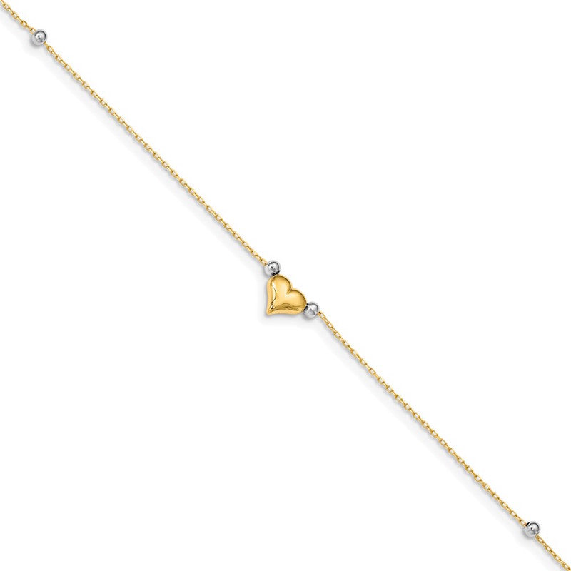 Quality Gold 14k Two Tone Polished Puffed Heart with Beads Anklet