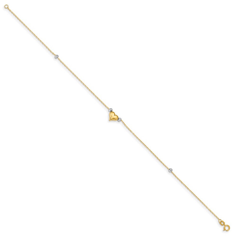 Quality Gold 14k Two Tone Polished Puffed Heart with Beads Anklet