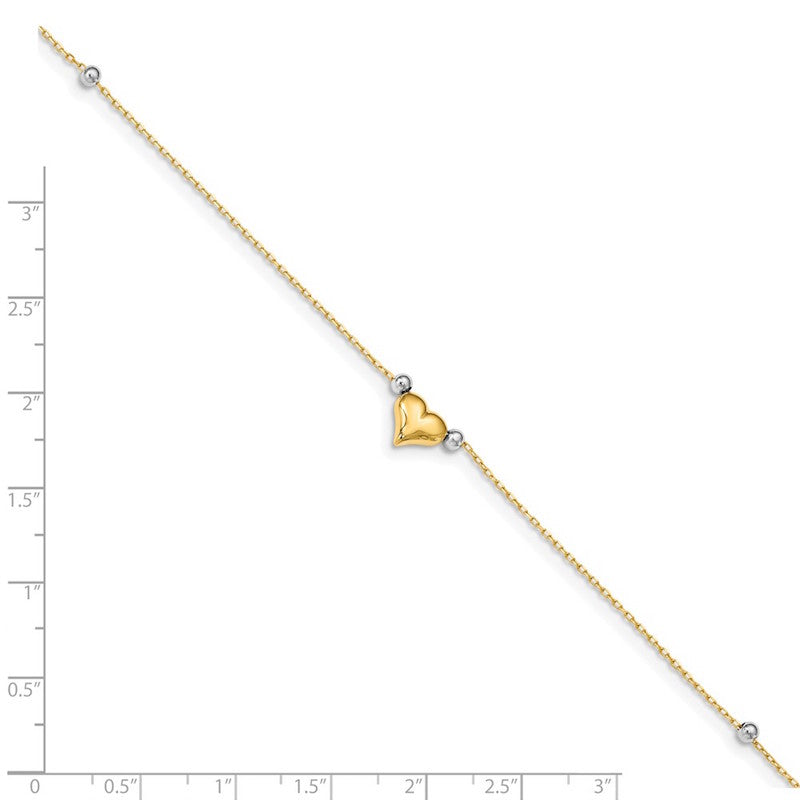 Quality Gold 14k Two Tone Polished Puffed Heart with Beads Anklet