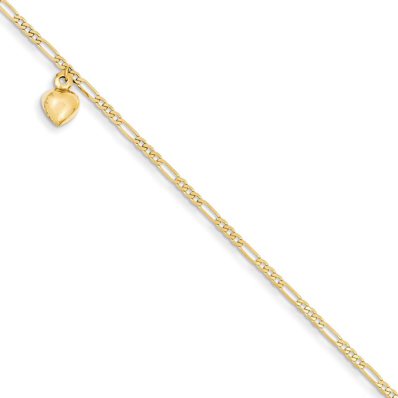 Quality Gold 14k Figaro Link with Dangling Heart Anklet