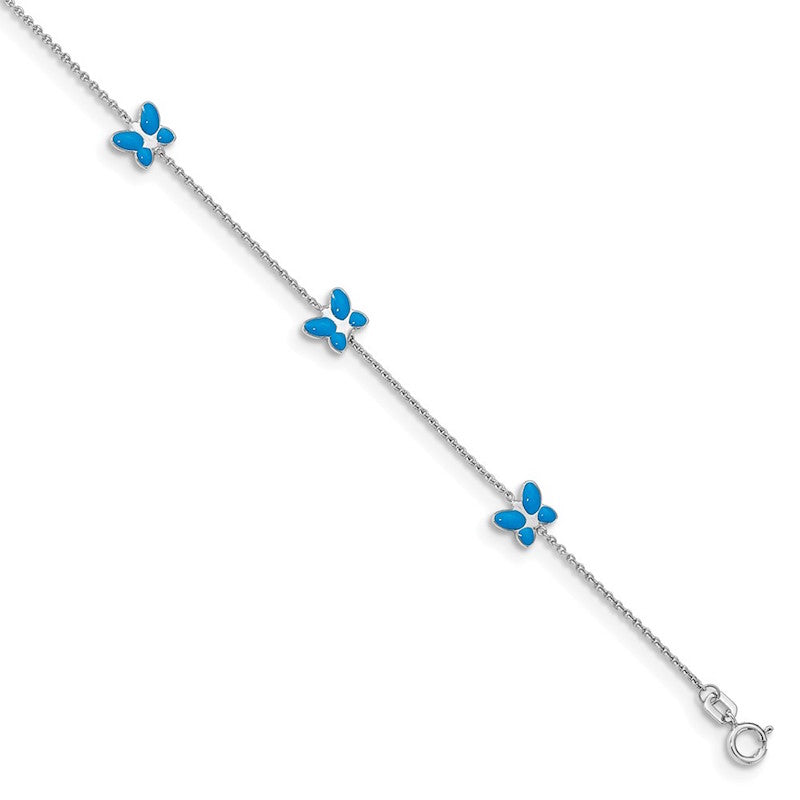 Quality Gold 14k White Gold Blue Enameled Butterfly Anklet