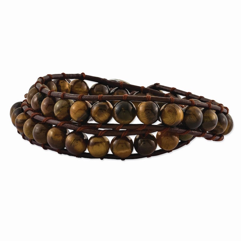 Quality Gold 6mm Brown Beads & Leather Cord Multi Wrap Bracelet