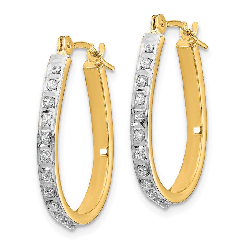 Quality Gold 14k Yellow & Rhodium Diamond Oval Hinged Hoop Earrings