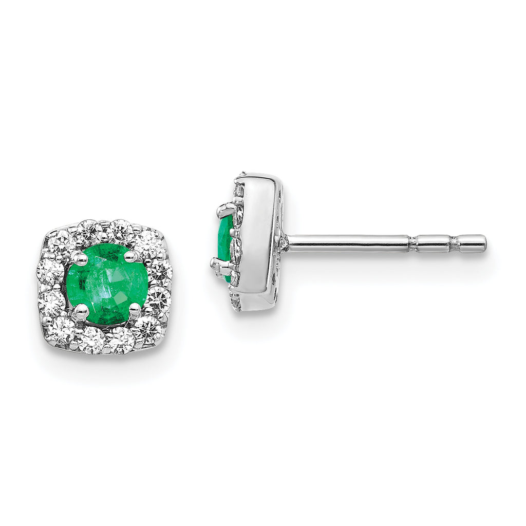 Quality Gold 14k White Gold Diamond and Emerald Square Halo Earrings