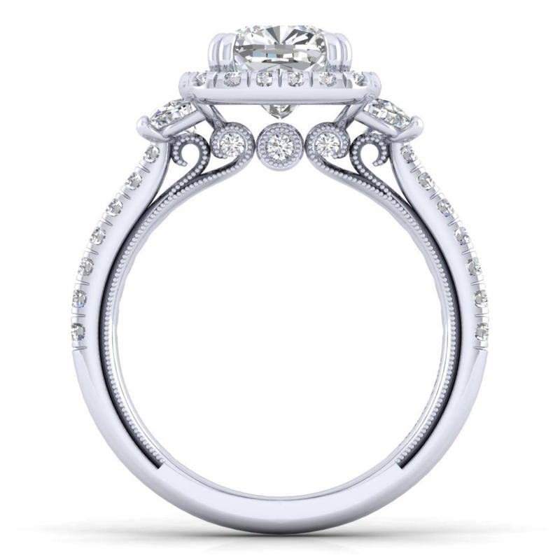 Gabriel & Co. 14k White Gold Victorian 3 Stone Halo Engagement Ring