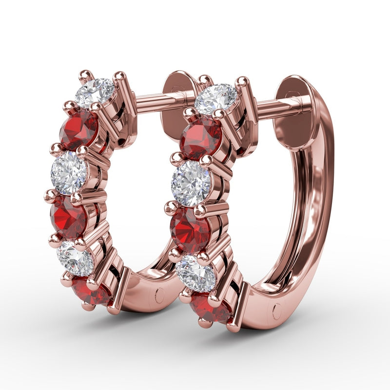 Fana Shared Prong Ruby And Diamond Hoop Earrings