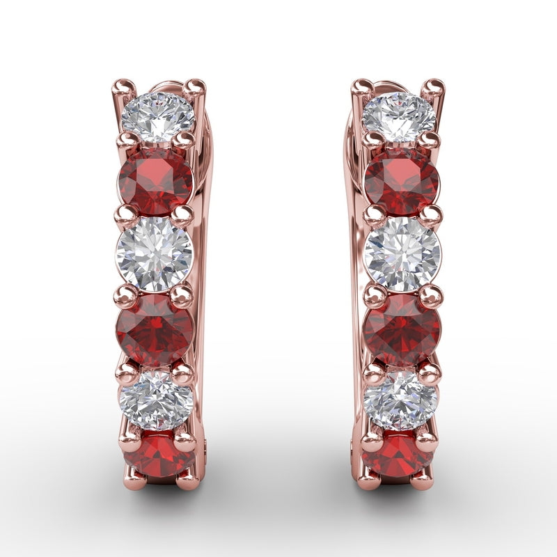 Fana Shared Prong Ruby And Diamond Hoop Earrings