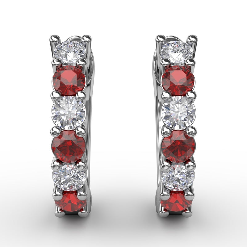 Fana Shared Prong Ruby And Diamond Hoop Earrings