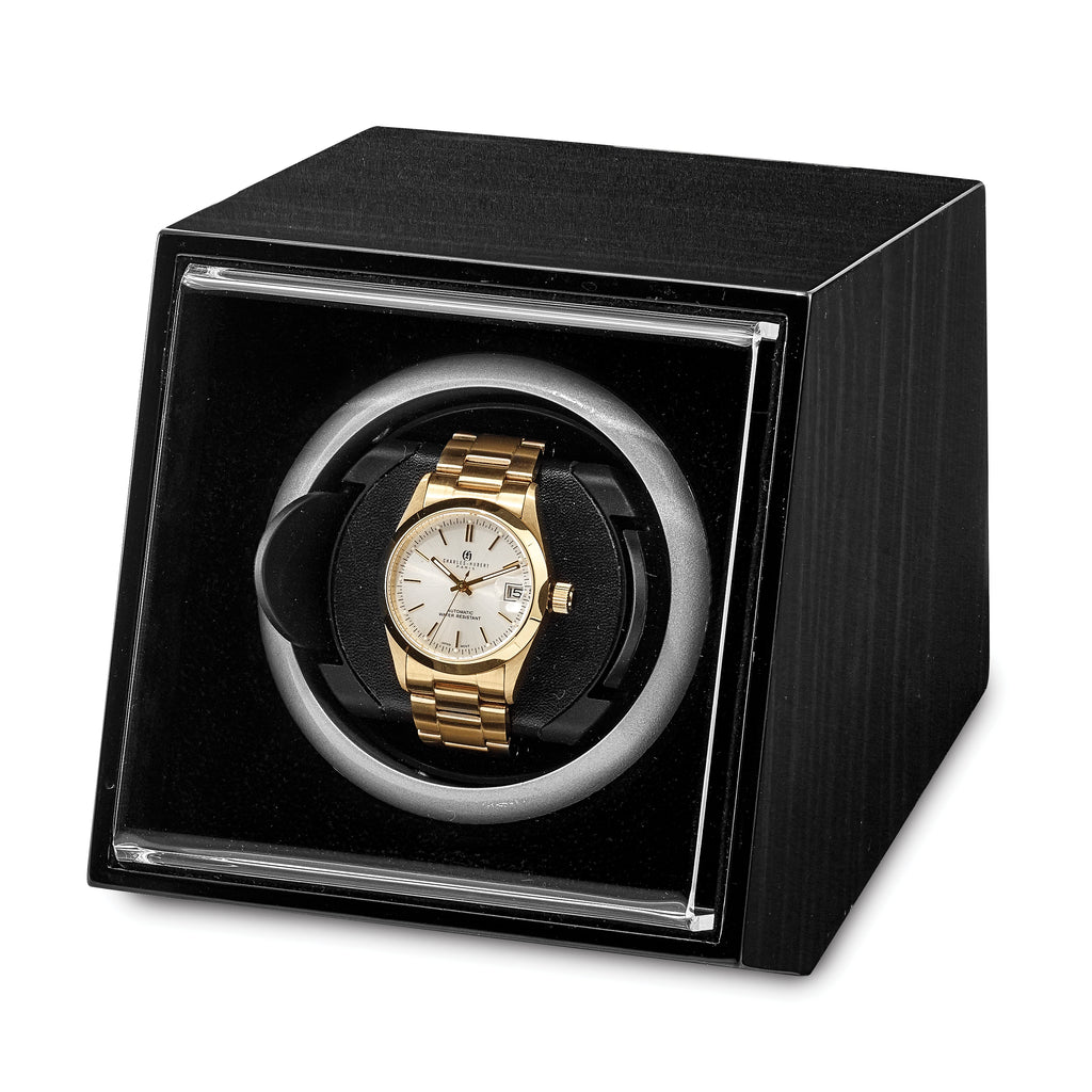 Quality Gold Luxury Giftware High Gloss Black Finish Wood Composite Acrylic Window Single Watch Winder (AC or Batteries)