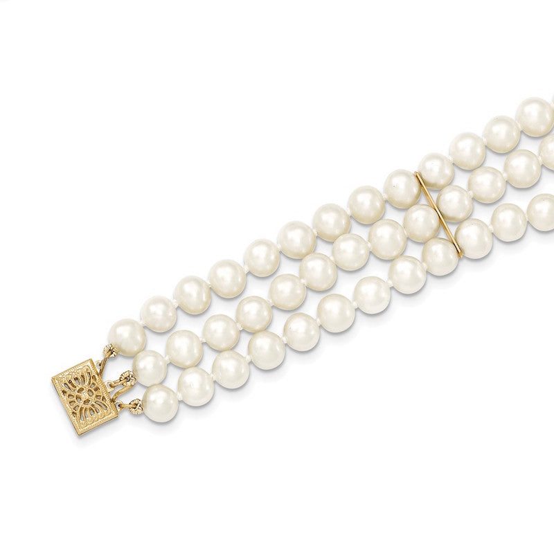 Quality Gold 14k White Near Round FW Cultured Pearl 3-strand Bracelet