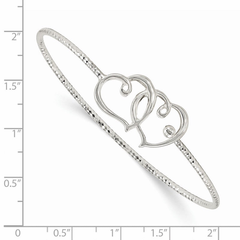 Quality Gold Sterling Silver Diamond Cut Double Heart Interlocking Bangle Bracelet