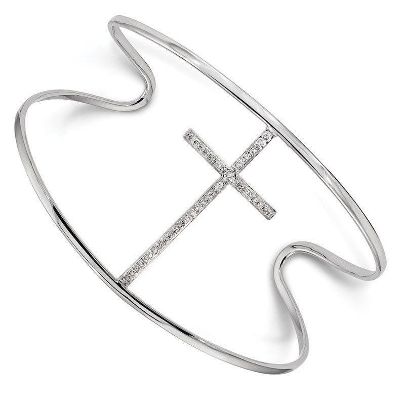 Quality Gold Sterling Silver Rhodium-plated CZ Cross Slip-on Cuff Bangle Bracelet