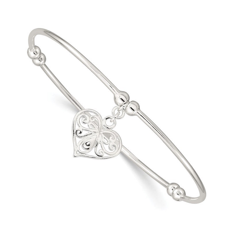 Quality Gold Sterling Silver Bead Heart Stretch Bangle Bracelet