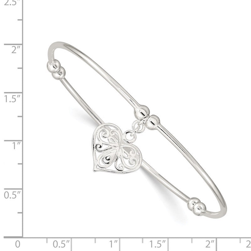 Quality Gold Sterling Silver Bead Heart Stretch Bangle Bracelet