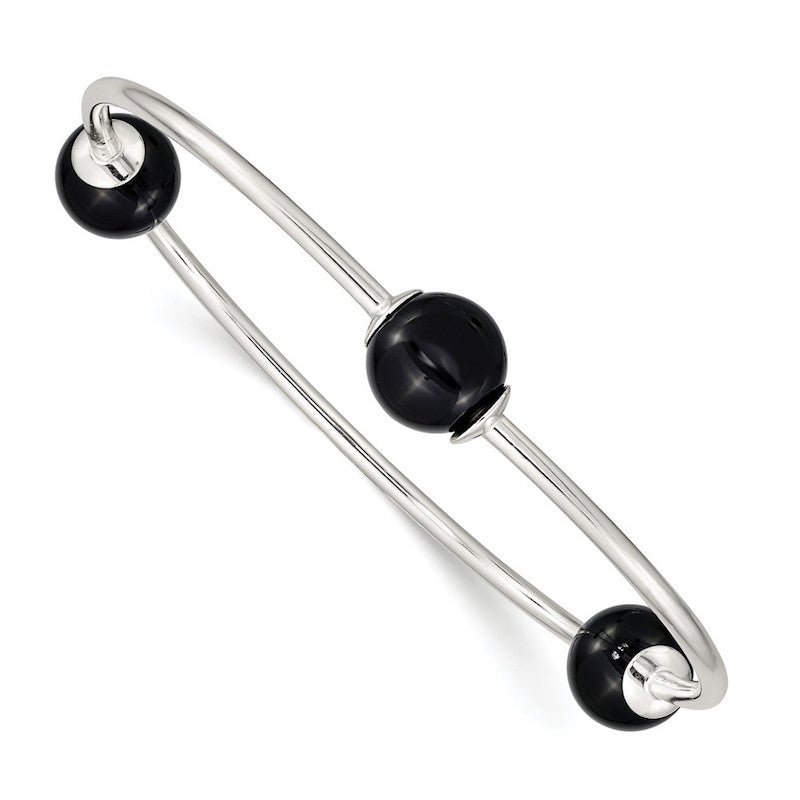 Quality Gold Sterling Silver Black Onyx Bead Stretch Bangle Bracelet