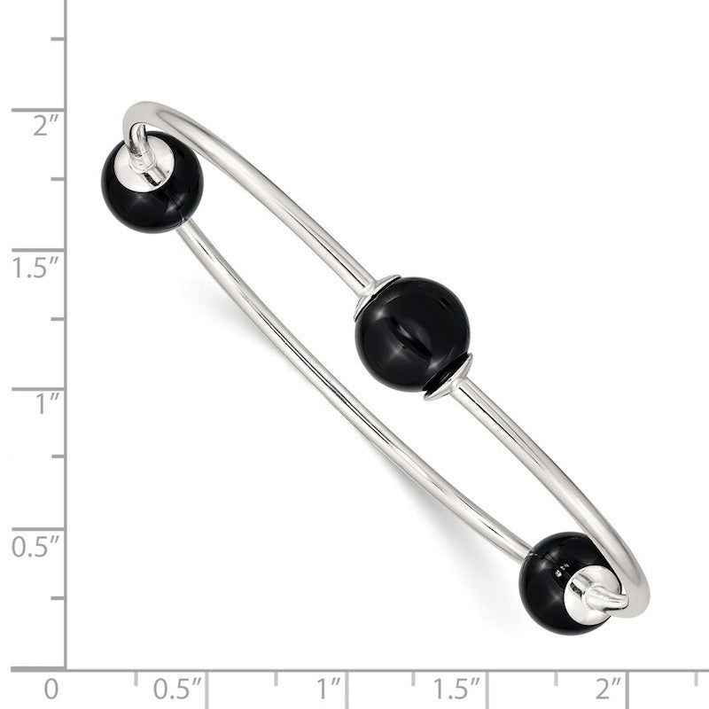 Quality Gold Sterling Silver Black Onyx Bead Stretch Bangle Bracelet