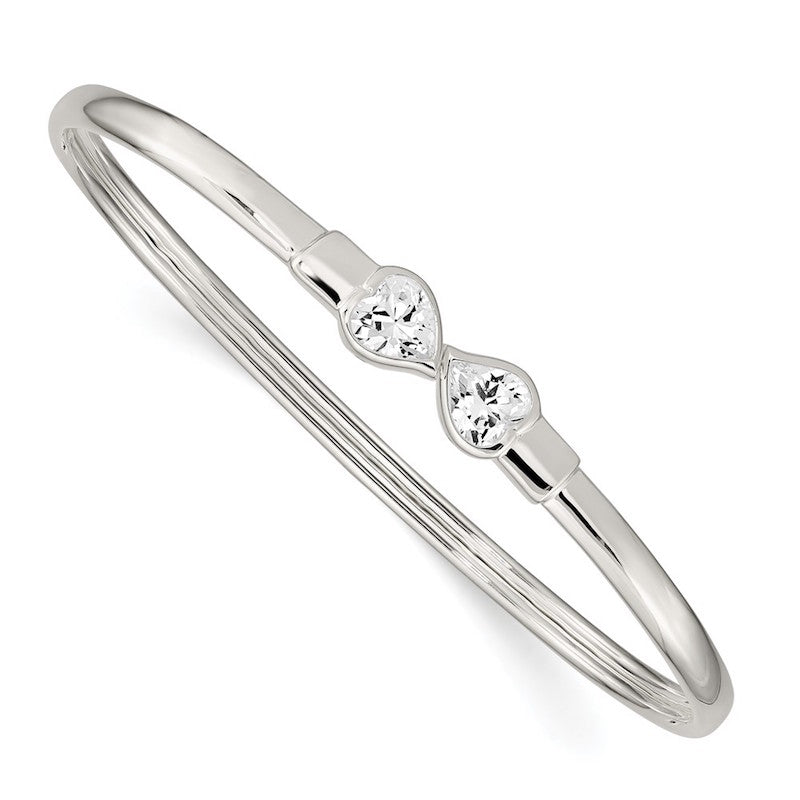Quality Gold Sterling Silver CZ Heart Open Flexible Bangle Bracelet