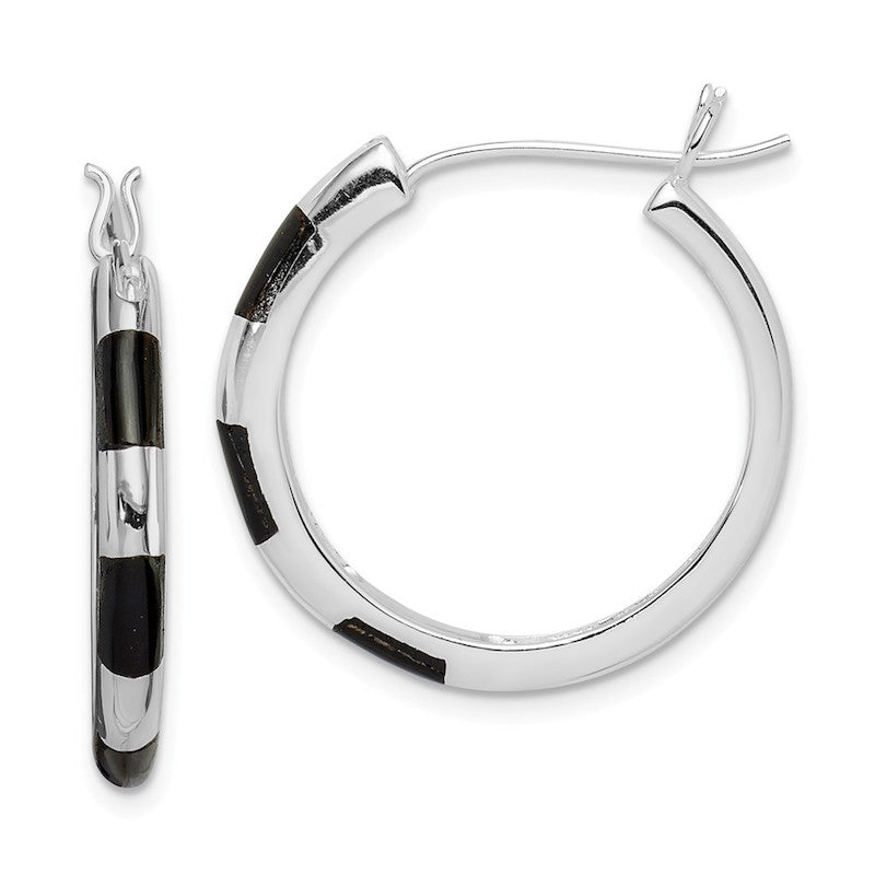 Quality Gold Sterling Silver Onyx Inlay Hoop Earrings