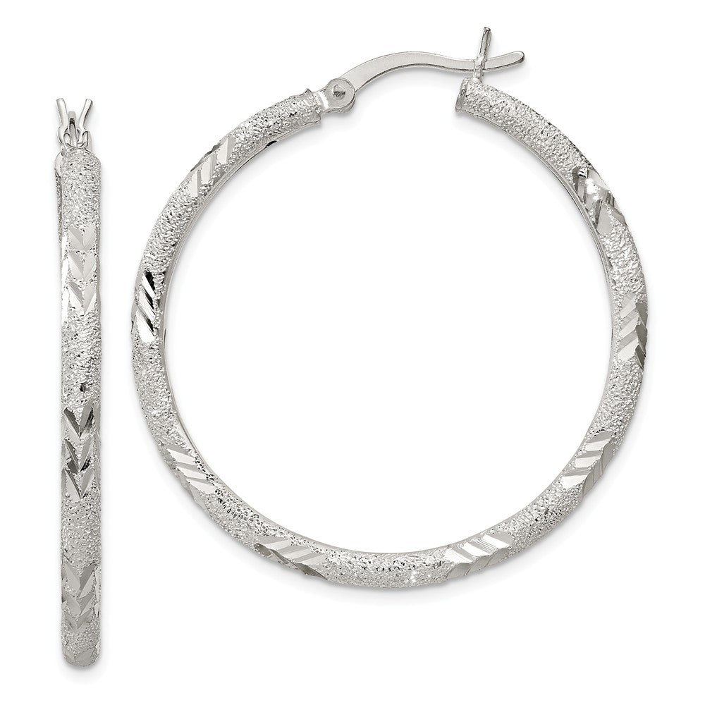 Quality Gold Sterling Silver Polished Diamond-cut Laser-cut Hinged Hoop Earrings