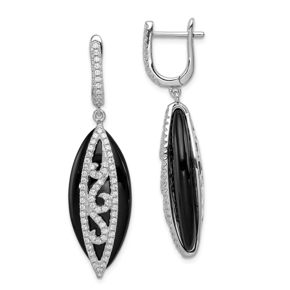 Quality Gold Sterling Silver Rhodium-plated CZ & Onyx Hinged Hoop Earrings