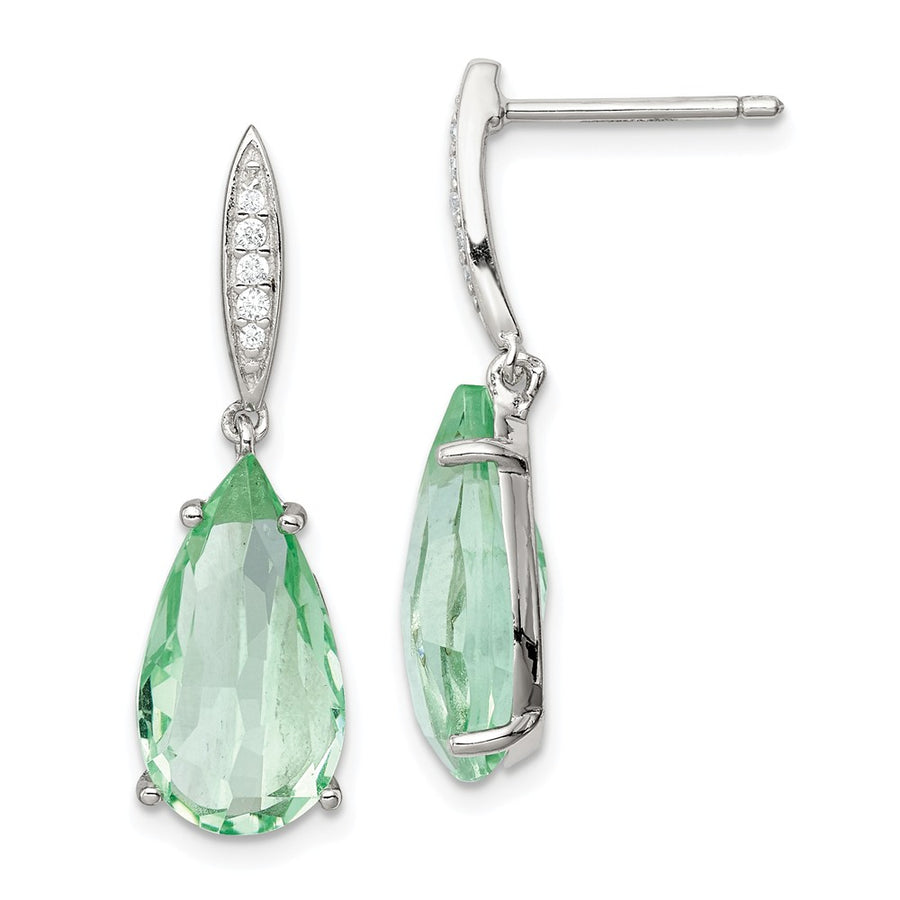 Quality Gold Sterling Silver with Green Glass and CZ Post Dangle Earrings