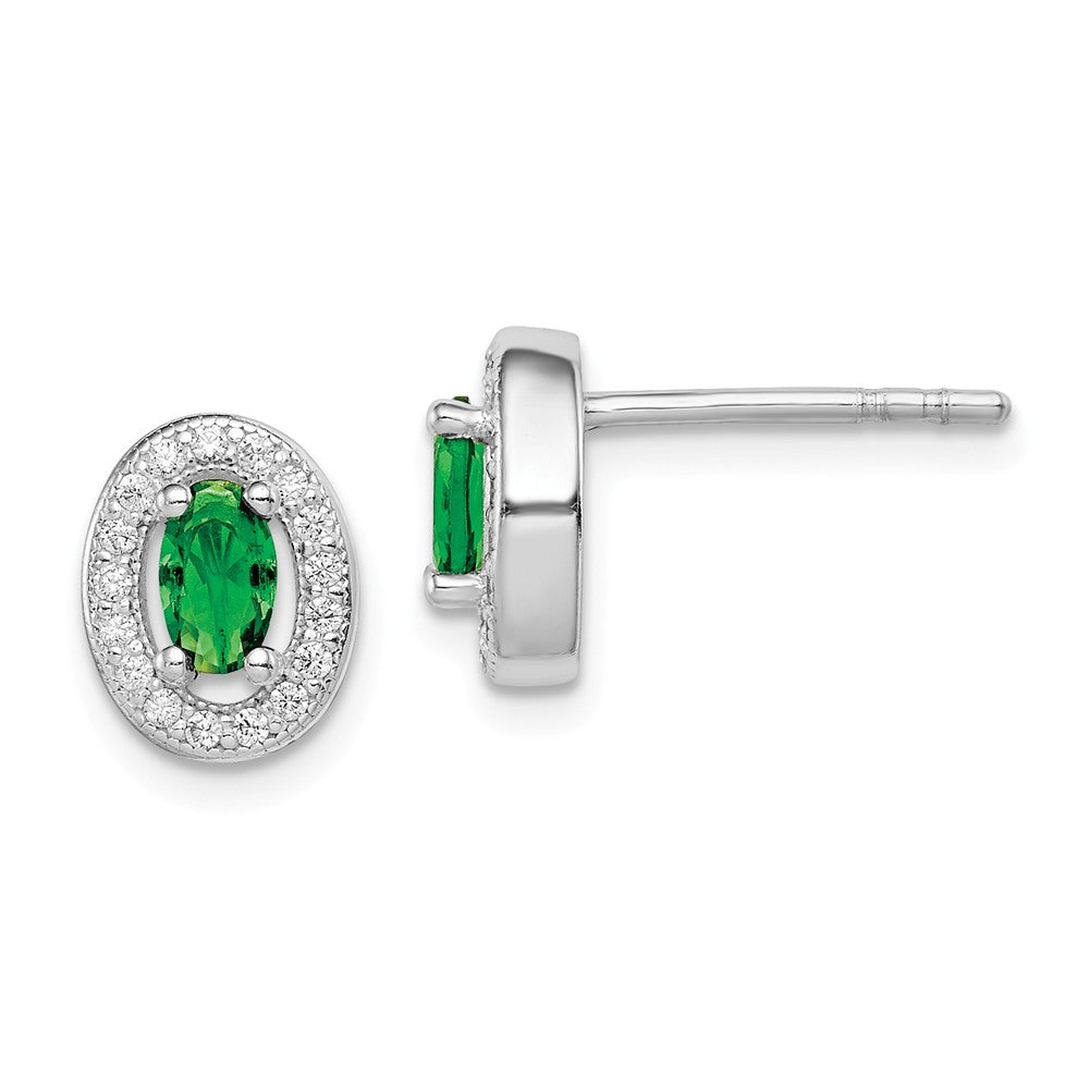 Quality Gold Sterling Silver Rhodium-plated Green & White CZ Oval Stud Earrings