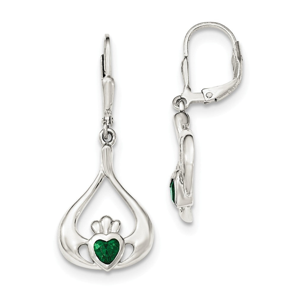 Quality Gold Sterling Silver Green CZ Heart Leverback Claddagh Dangle Earrings