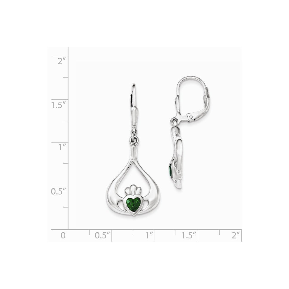 Quality Gold Sterling Silver Green CZ Heart Leverback Claddagh Dangle Earrings