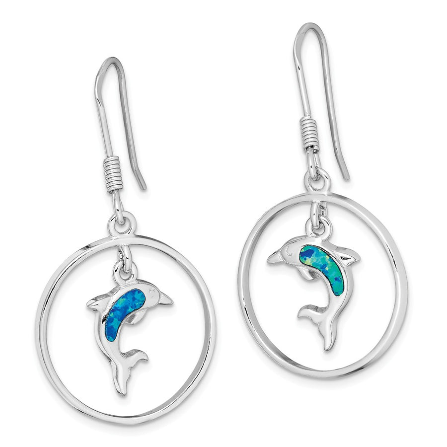 Quality Gold Sterling Silver Rhodium Circle Created Blue Opal Dolphin Dangle Earrings