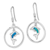 Quality Gold Sterling Silver Rhodium Circle Created Blue Opal Dolphin Dangle Earrings