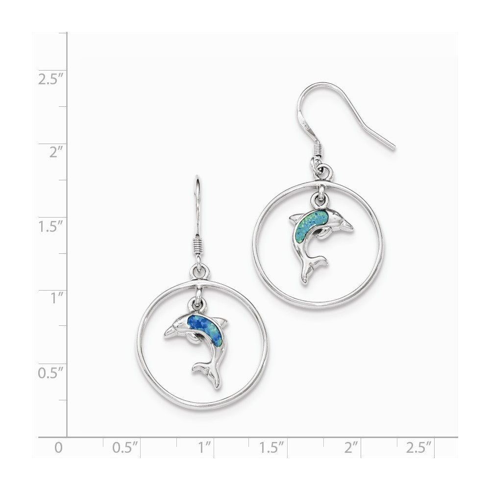 Quality Gold Sterling Silver Rhodium Circle Created Blue Opal Dolphin Dangle Earrings