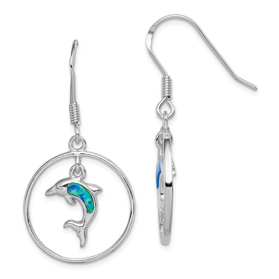 Quality Gold Sterling Silver Rhodium Circle Created Blue Opal Dolphin Dangle Earrings