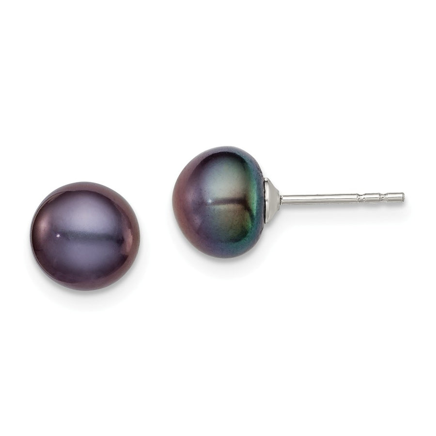 Quality Gold Sterling Silver 7-8mm Black FW Cultured Button Pearl Stud Earrings