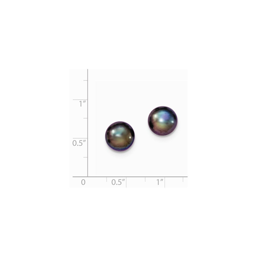 Quality Gold Sterling Silver 9-10mm Black FW Cultured Button Pearl Stud Earrings