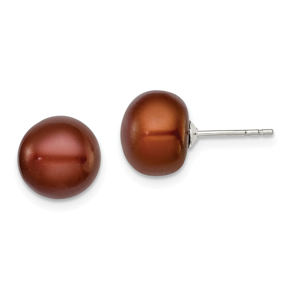 Quality Gold Sterling Silver 9-10mm Brown FW Cultured Button Pearl Stud Earrings