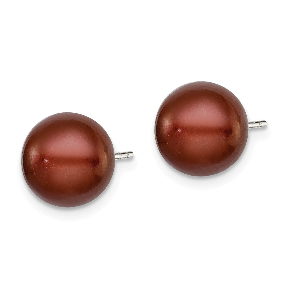 Quality Gold Sterling Silver 9-10mm Brown FW Cultured Button Pearl Stud Earrings