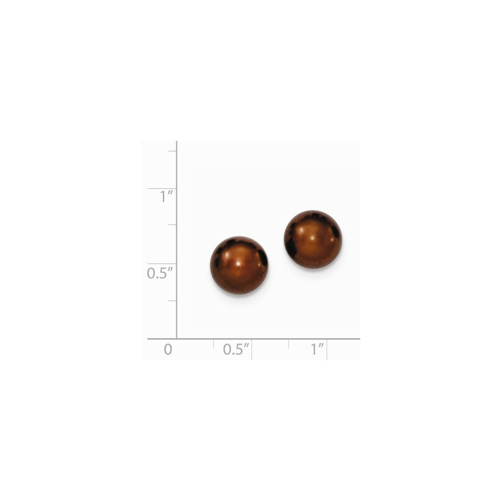 Quality Gold Sterling Silver 9-10mm Brown FW Cultured Button Pearl Stud Earrings