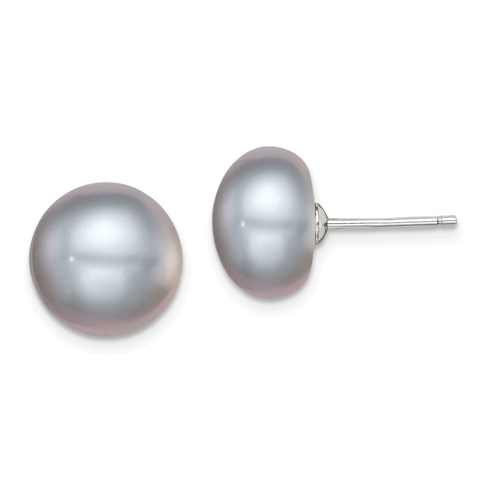 Quality Gold Sterling Silver 11-12mm Grey FW Cultured Button Pearl Stud Earrings