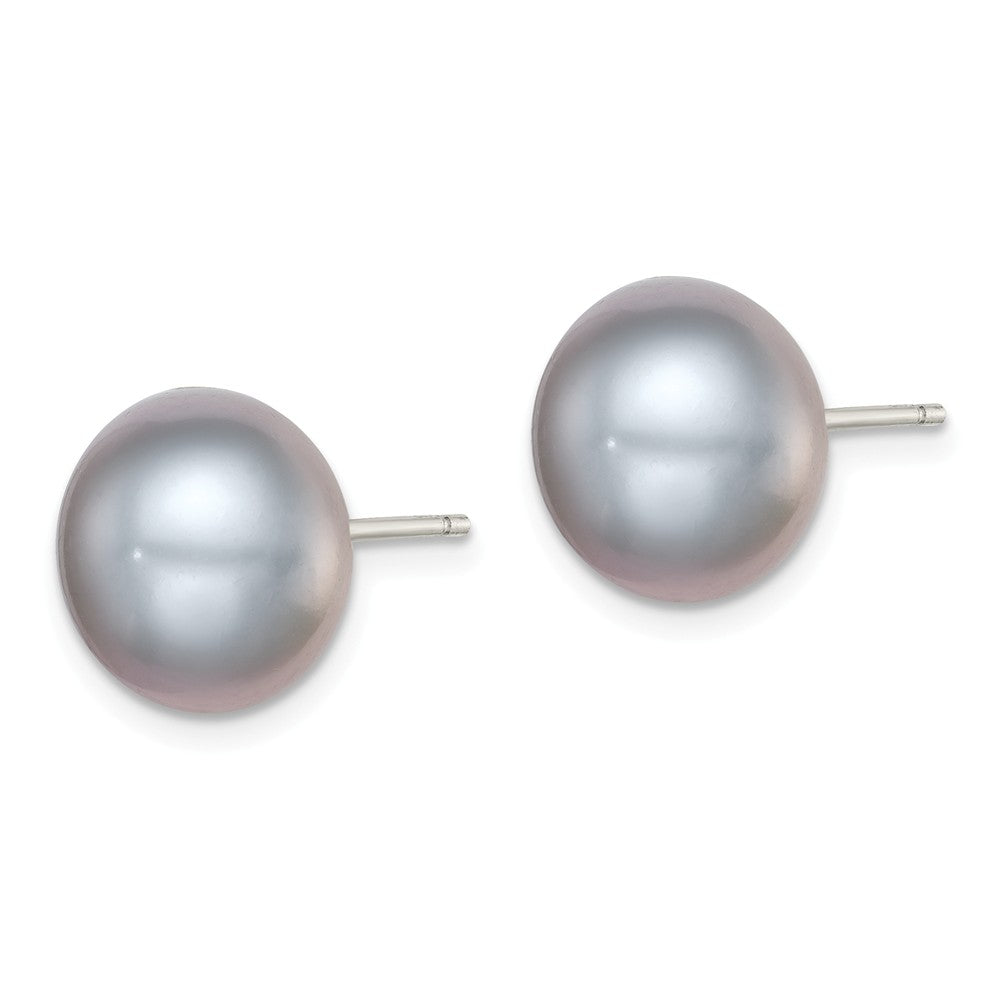 Quality Gold Sterling Silver 11-12mm Grey FW Cultured Button Pearl Stud Earrings