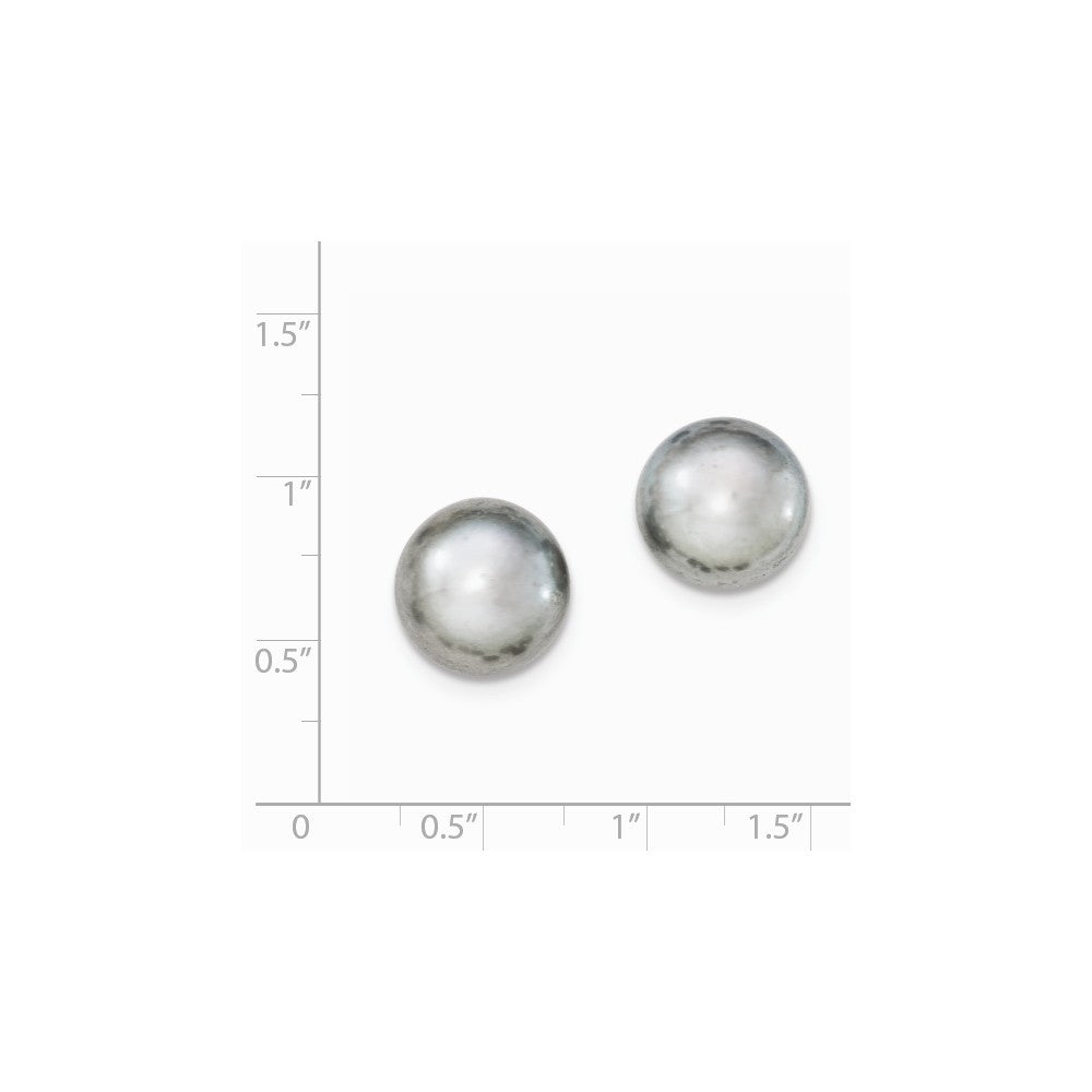 Quality Gold Sterling Silver 12-13mm Grey FW Cultured Button Pearl Stud Earrings