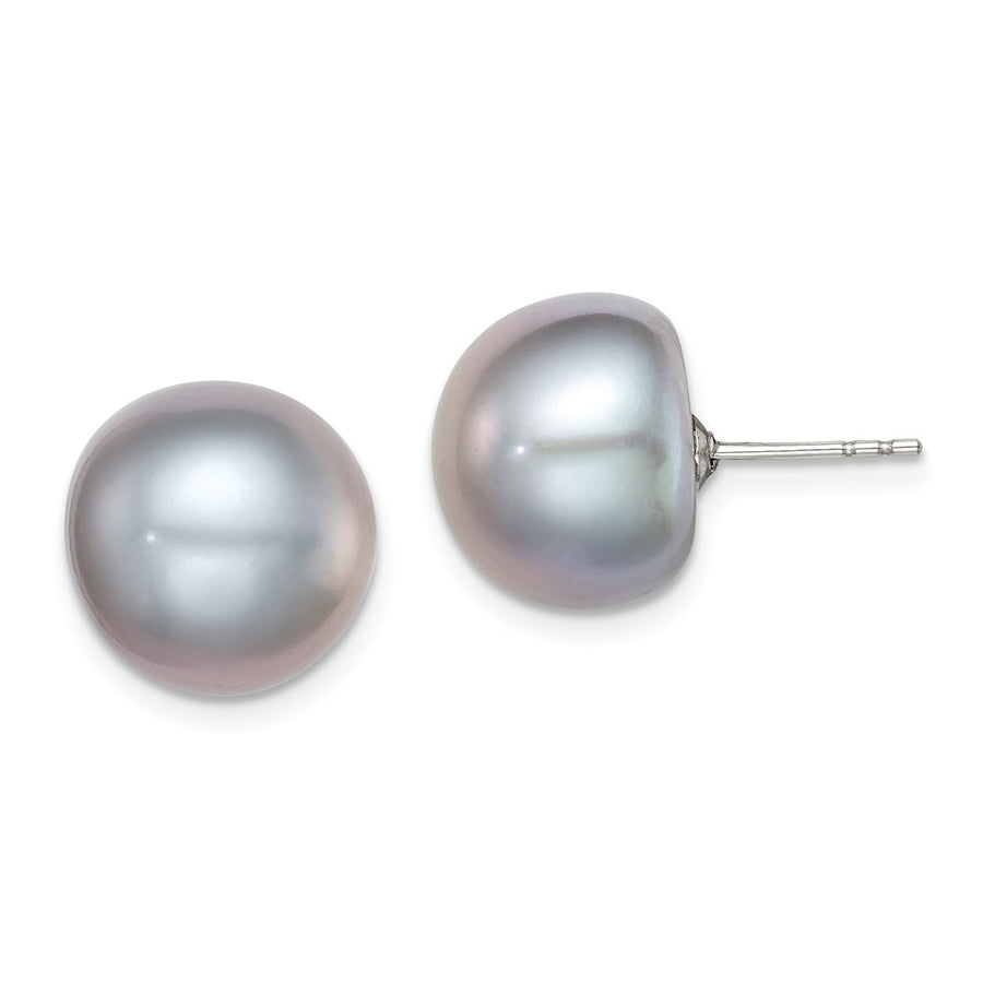 Quality Gold Sterling Silver 12-13mm Grey FW Cultured Button Pearl Stud Earrings