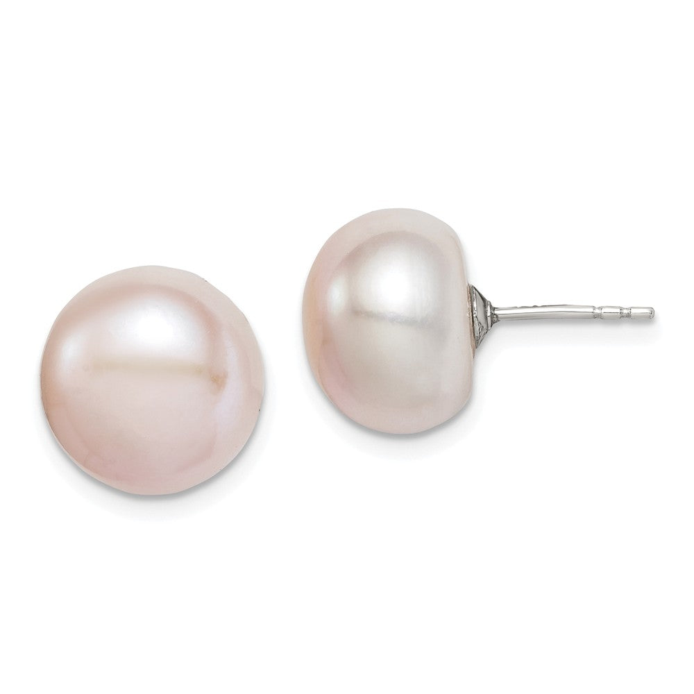 Quality Gold Sterling Silver 11-12mm Pink FW Cultured Button Pearl Stud Earrings