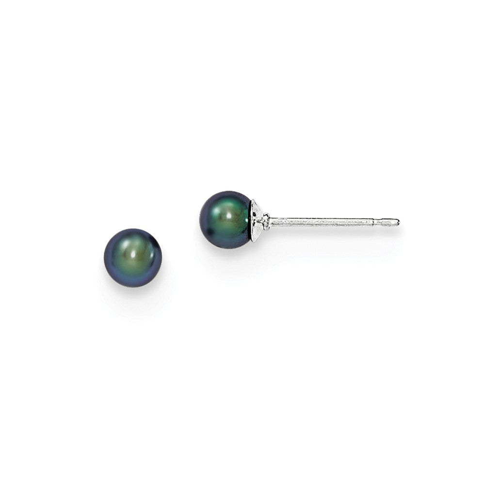 Quality Gold Sterling Silver 4-5mm Black FW Cultured Round Pearl Stud Earrings