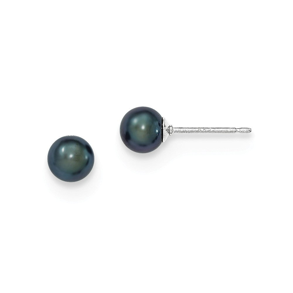 Quality Gold Sterling Silver 5-6mm Black FW Cultured Round Pearl Stud Earrings