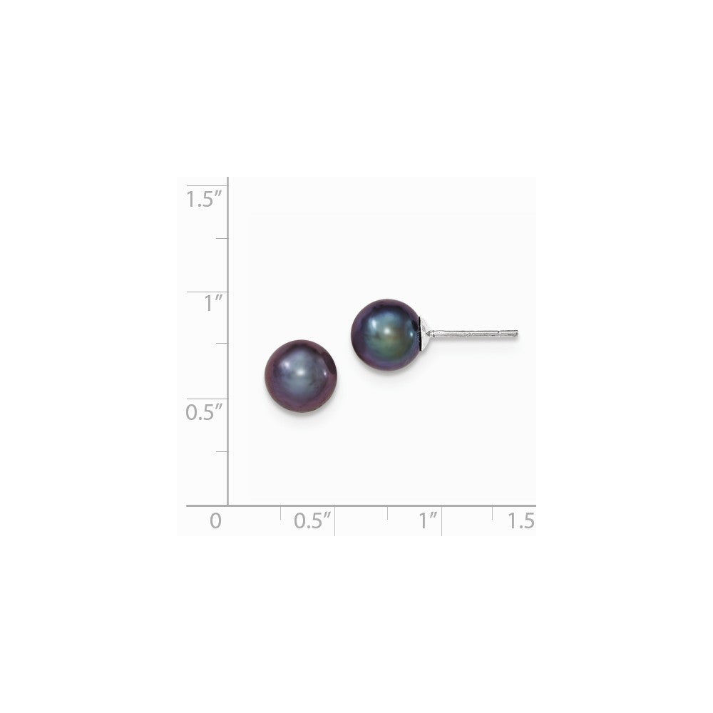 Quality Gold Sterling Silver 8-9mm Black FW Cultured Round Pearl Stud Earrings