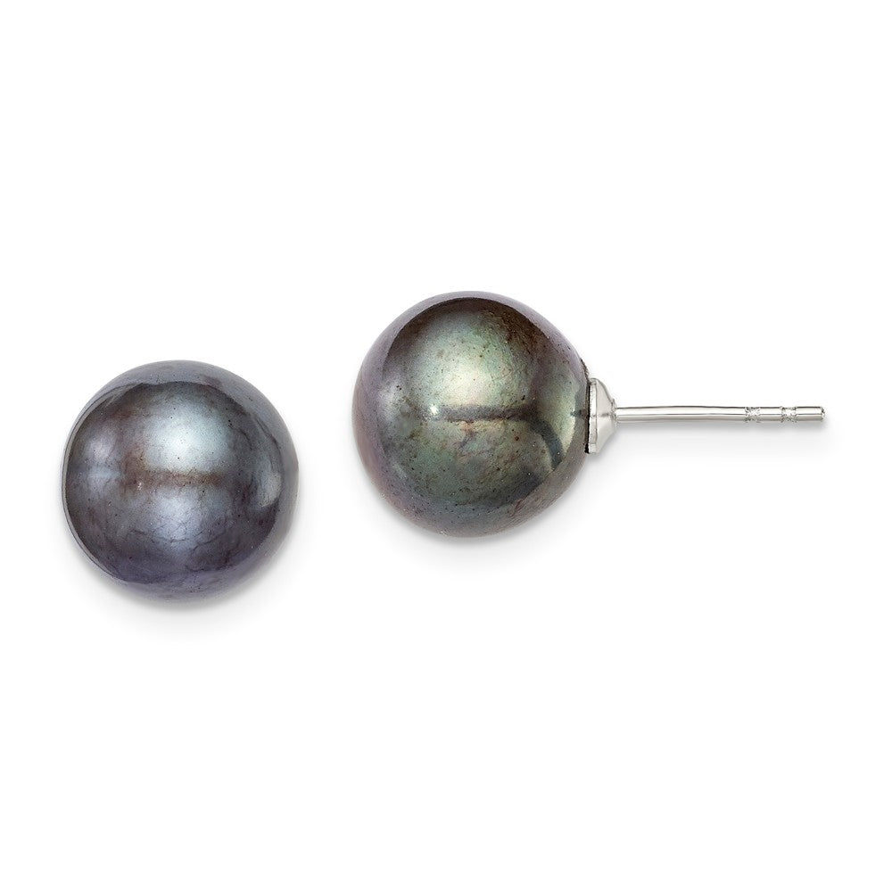 Quality Gold Sterling Silver 9-10mm Black FW Cultured Round Pearl Stud Earrings