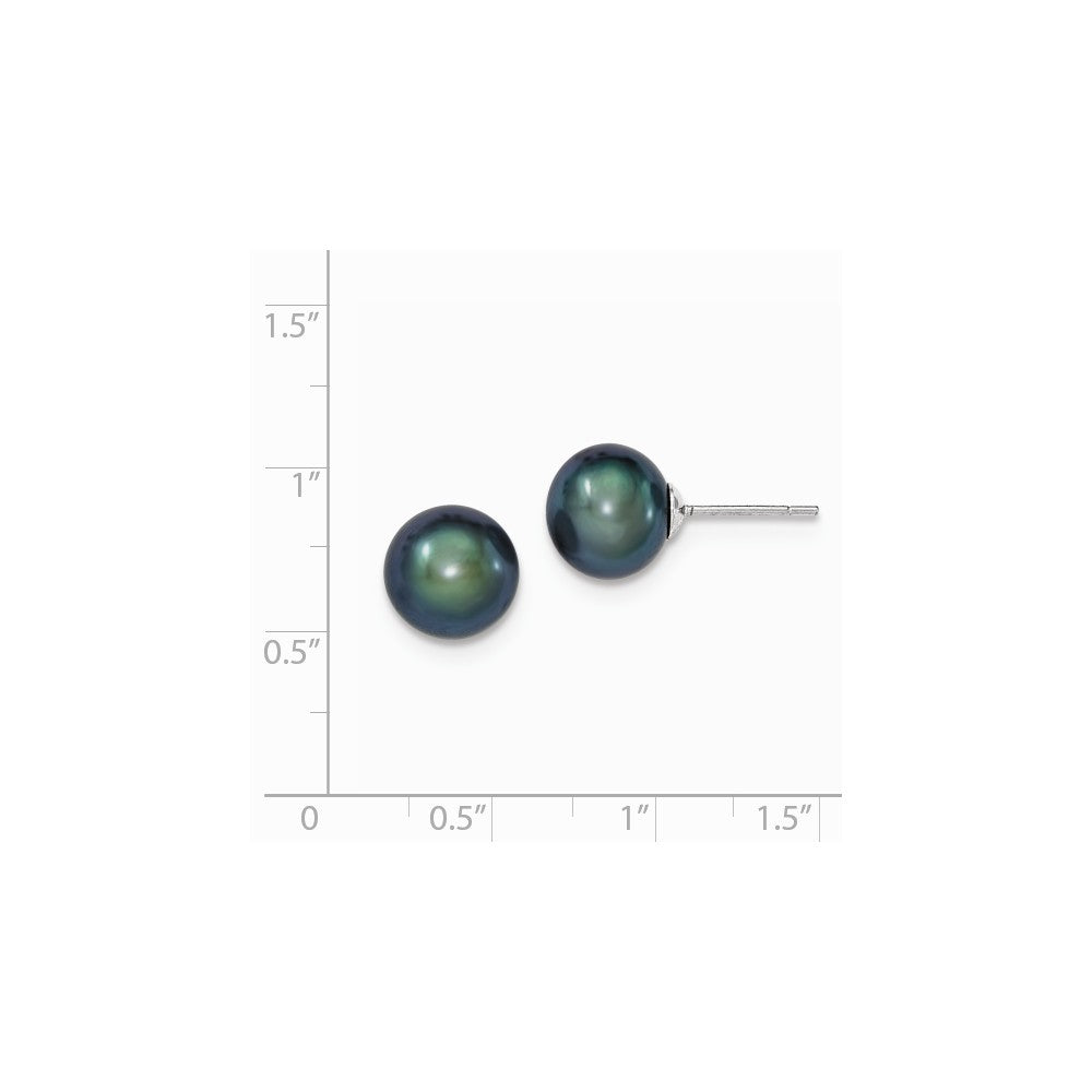 Quality Gold Sterling Silver 9-10mm Black FW Cultured Round Pearl Stud Earrings