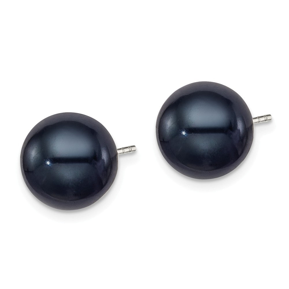 Quality Gold Sterling Silver 10-11mm Black FW Cultured Round Pearl Stud Earrings