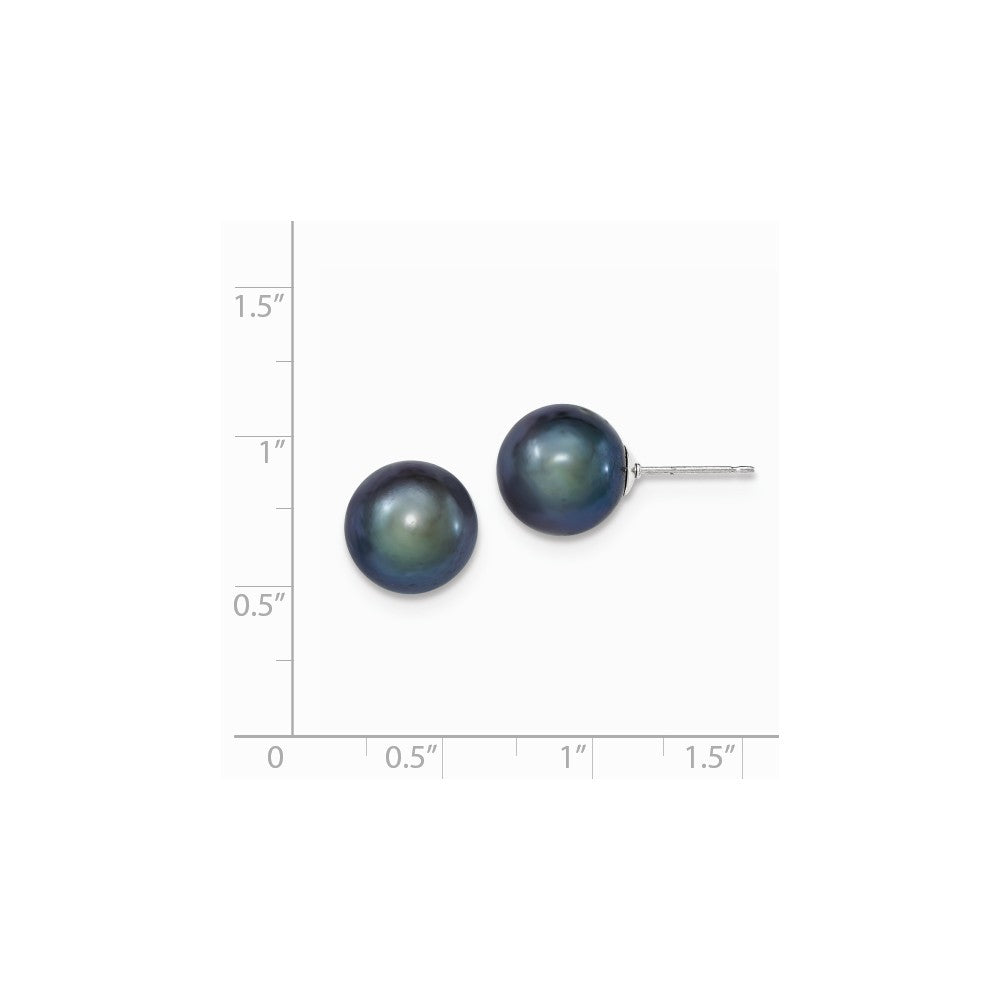 Quality Gold Sterling Silver 10-11mm Black FW Cultured Round Pearl Stud Earrings