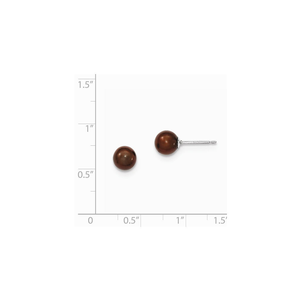 Quality Gold Sterling Silver 6-7mm Coffee FW Cultured Round Pearl Stud Earrings